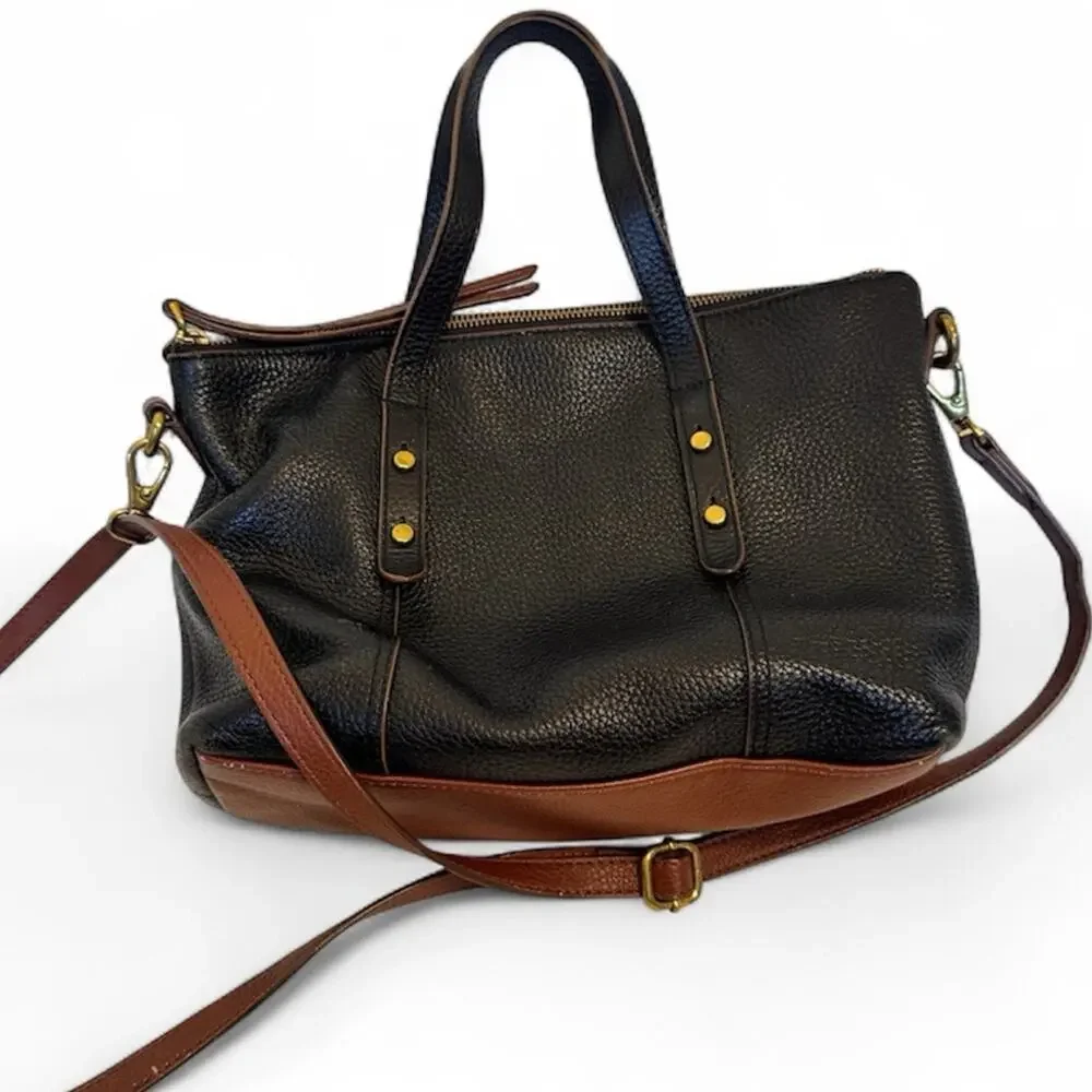 Fossil Black Brown Leather Hobo Shoulder Bag Handbag Purse Vintage Classic